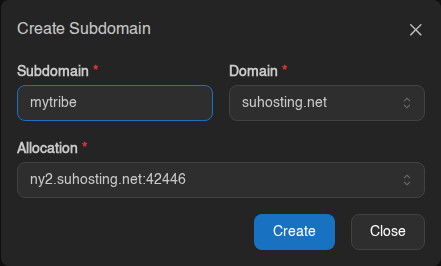 Create Subdomain window