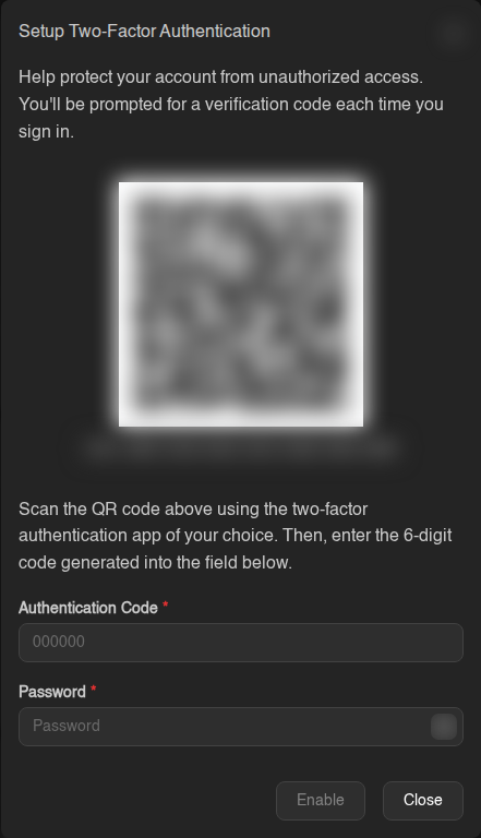Setting up two-factor authentication (QR code hidden)