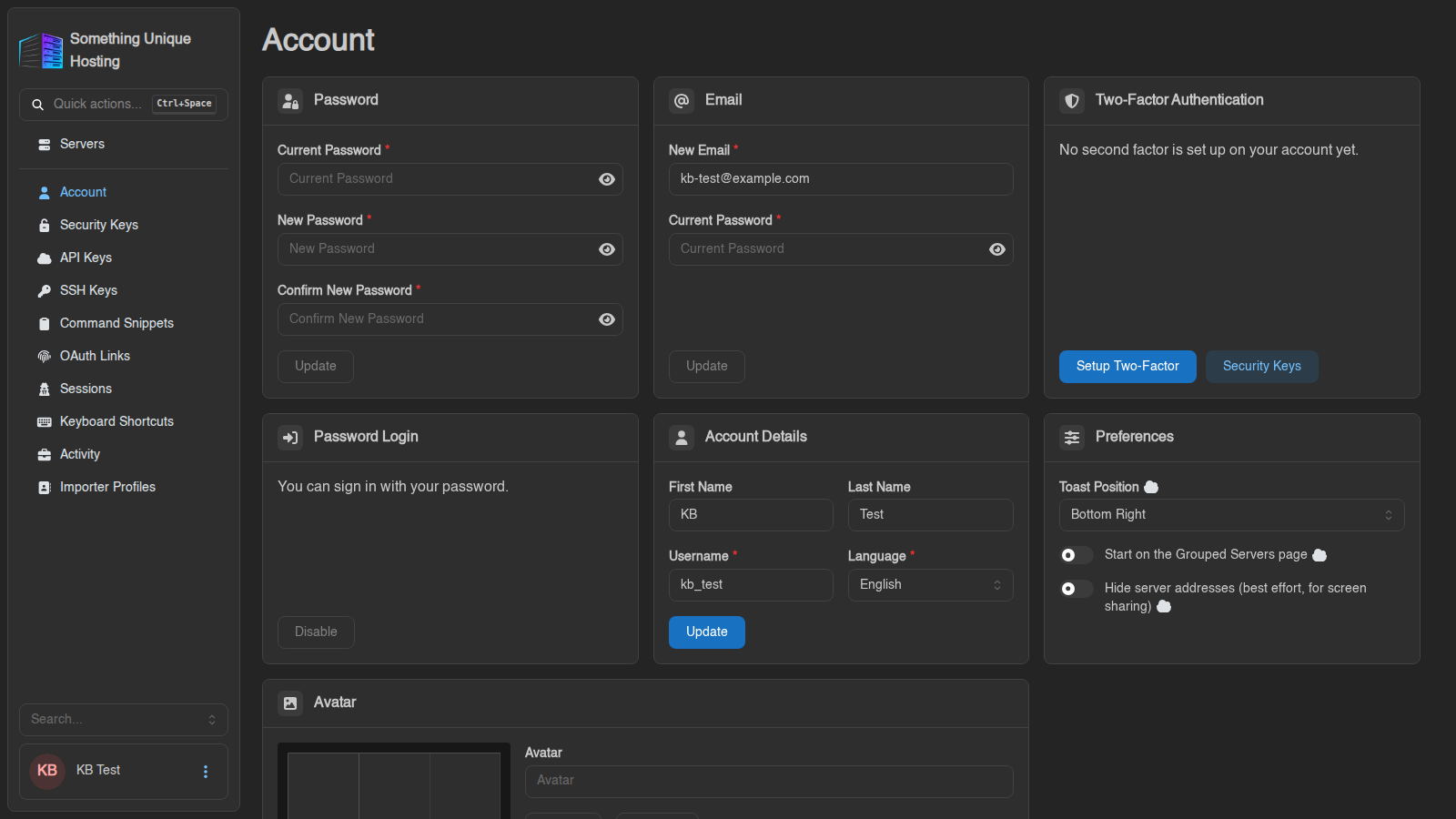 The Account page