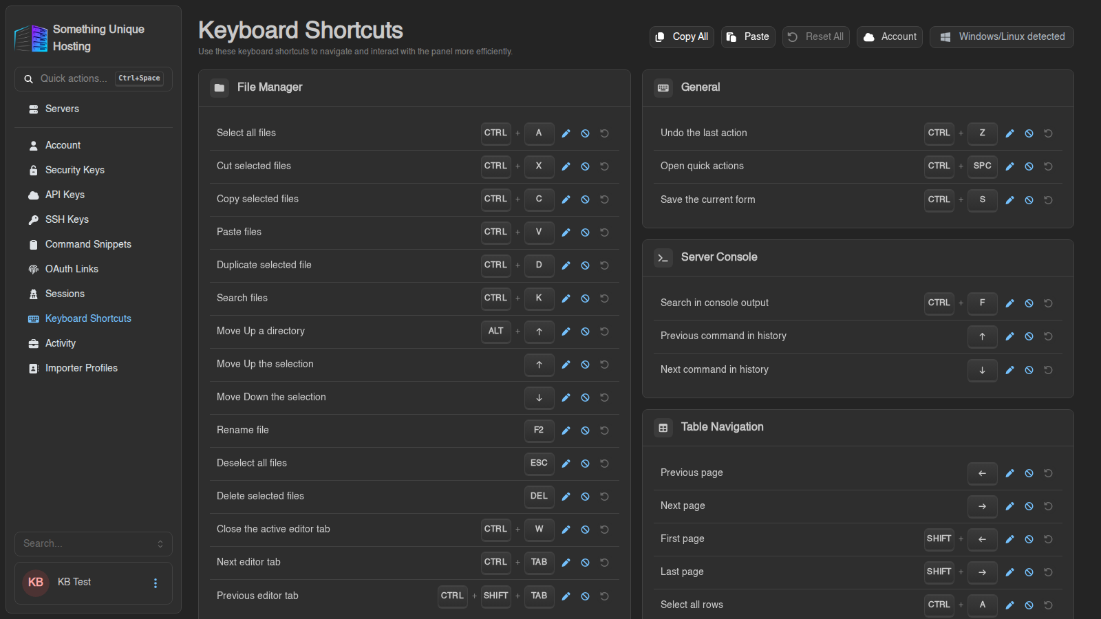 The Keyboard Shortcuts page