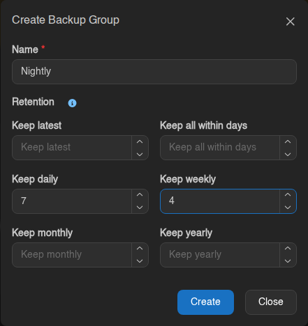 Create Backup Group window with retention rules