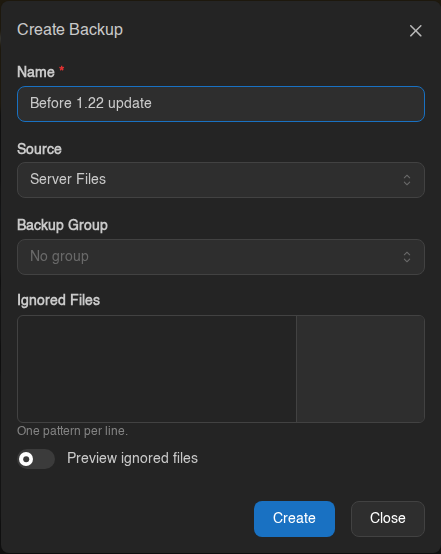 Create Backup window