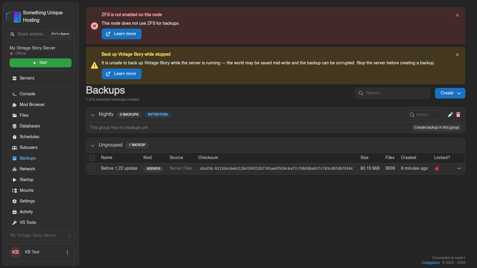 Backups tab