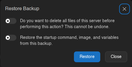 Restore Backup window