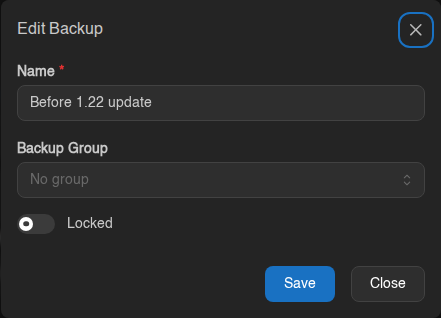 Edit Backup window with the Locked switch