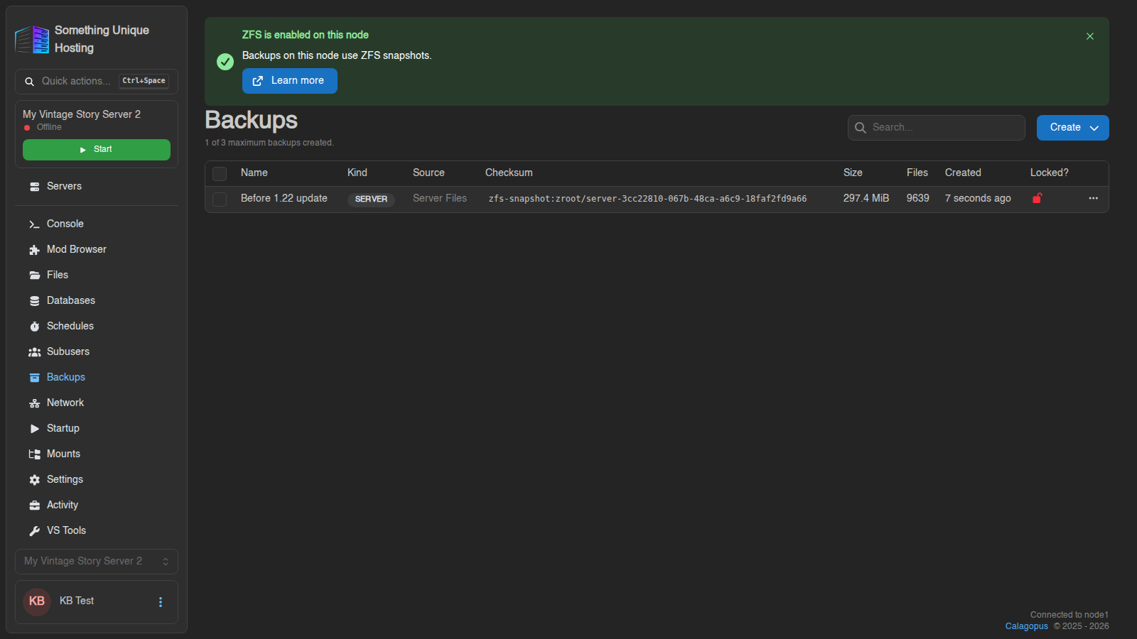 Backups tab on a ZFS node