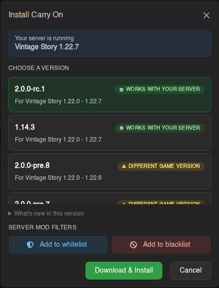 Install window with the version list