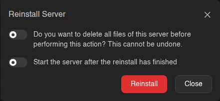 The Reinstall Server window