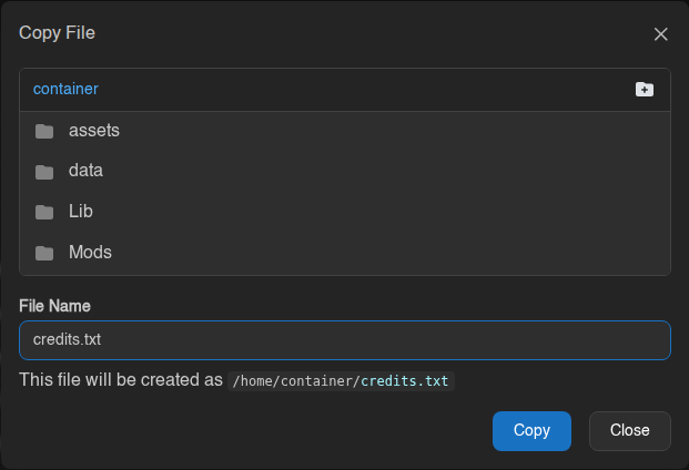 Copy File window: pick where in your live files it goes