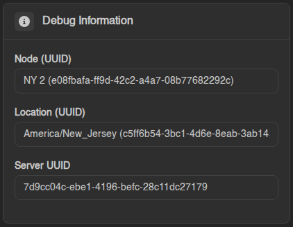 Debug Information card in Settings