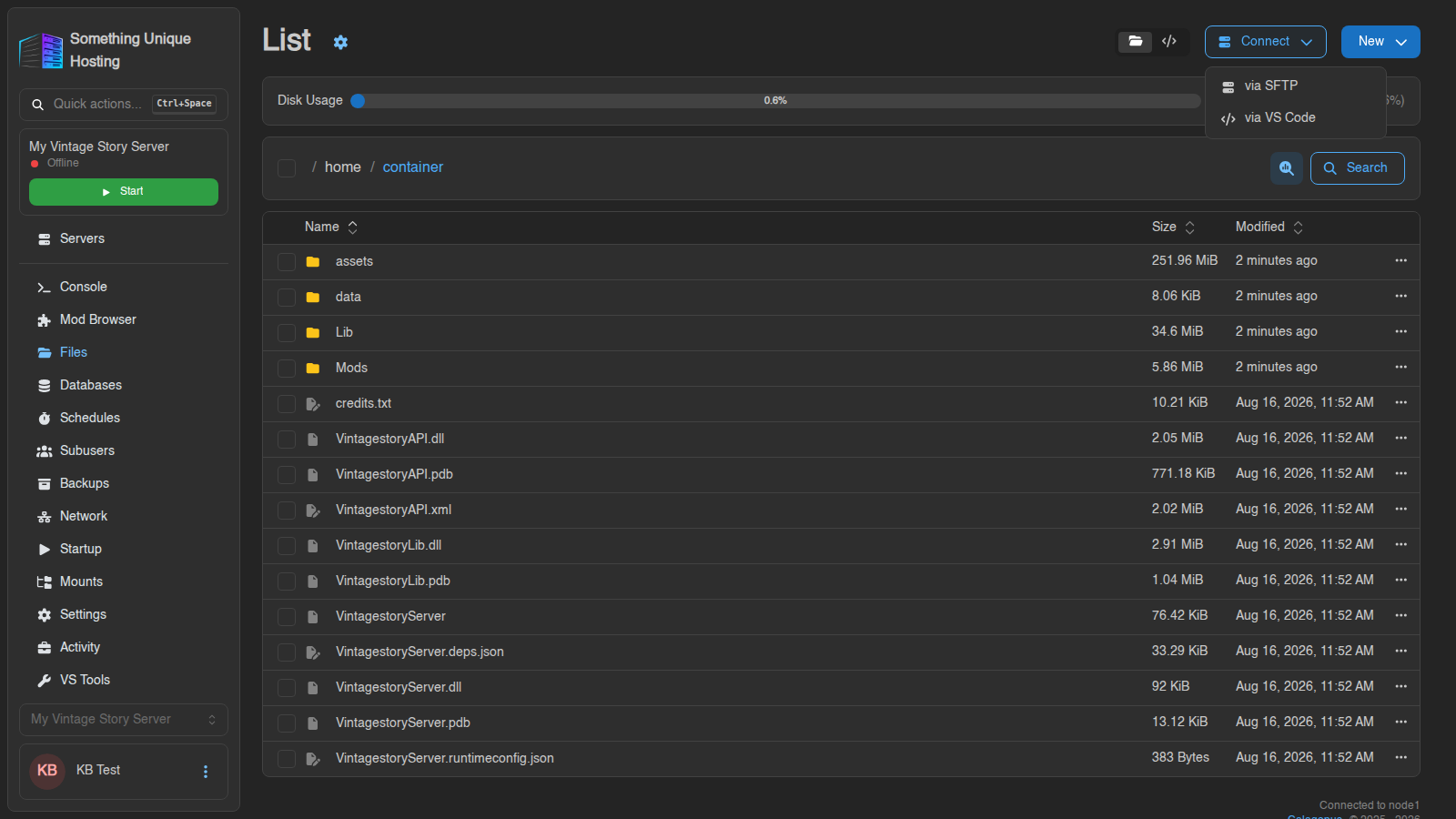 Files tab with the Connect menu open