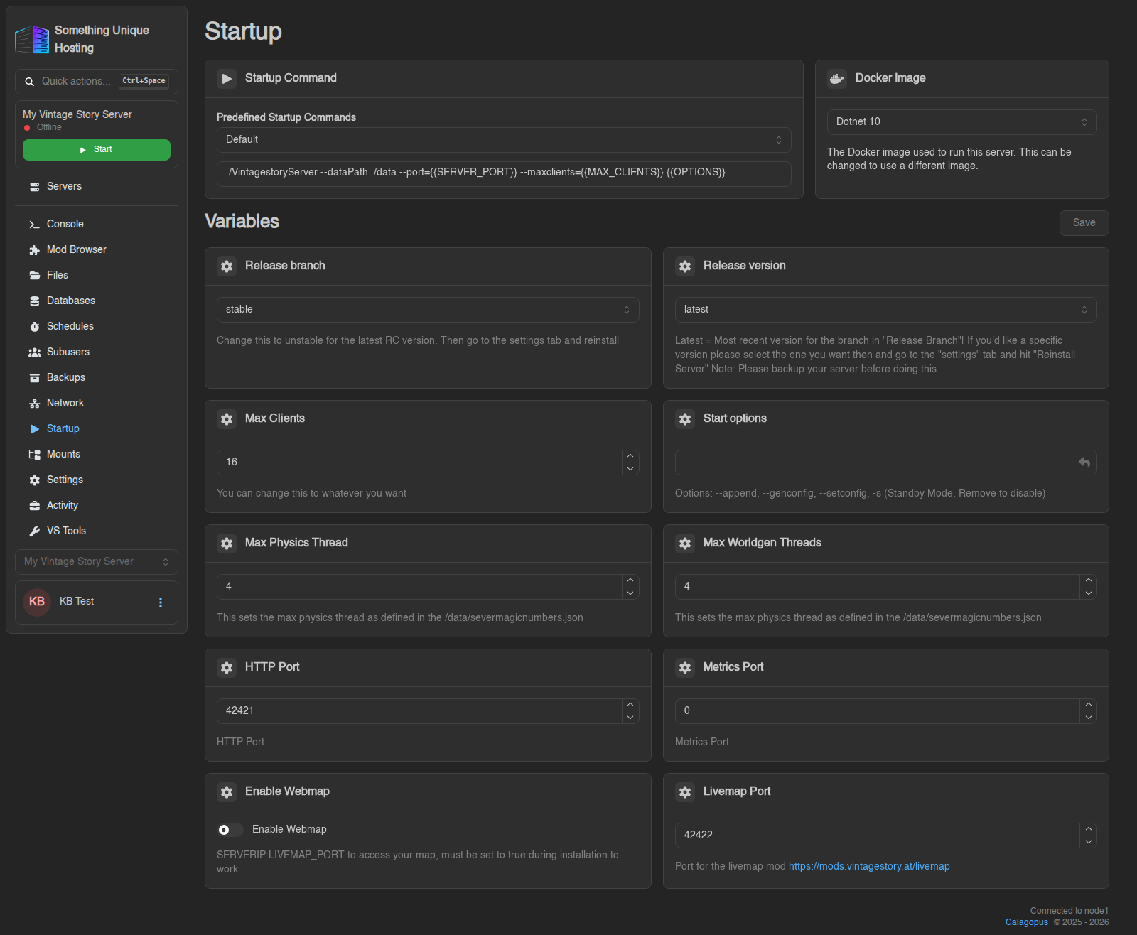 The Startup tab on a Vintage Story server