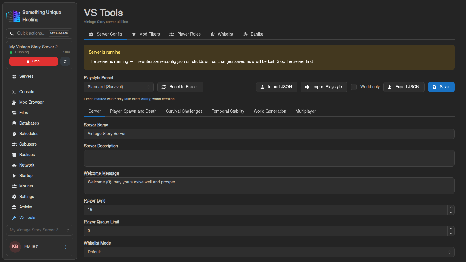 The Server Config tab