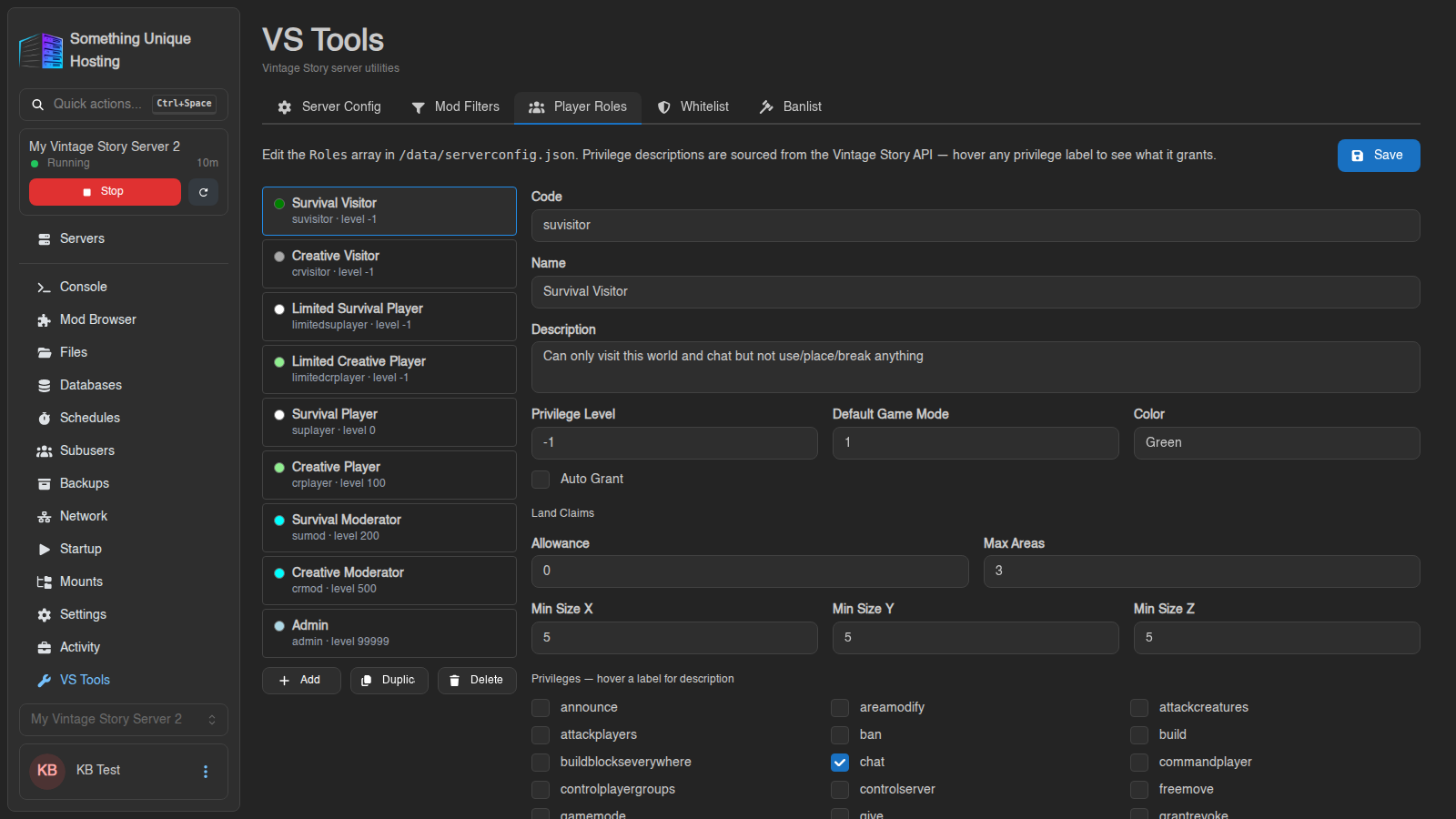 The Player Roles tab